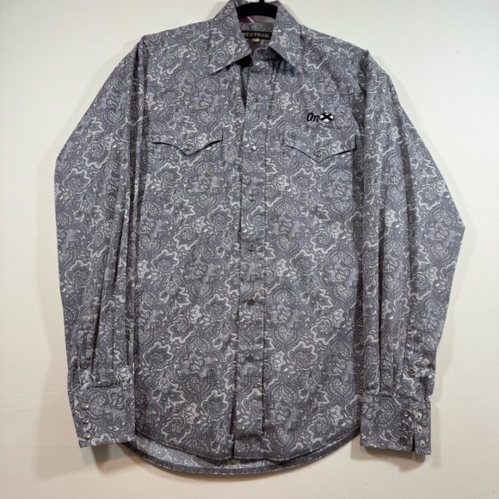 Stetson Western Paisley Snap Shirt S Gray White Cotton OnX Logo Contrast‎ Cuffs